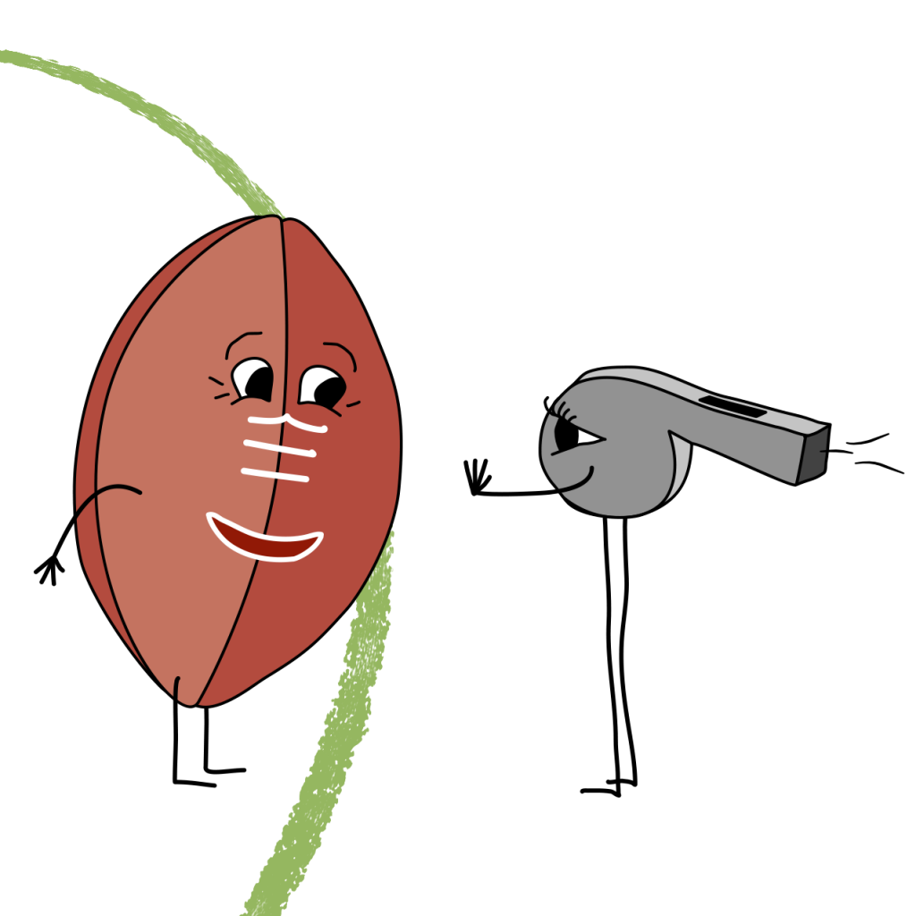 Cartoon of a football being told to stay inside its boundary by a cartoon whistle