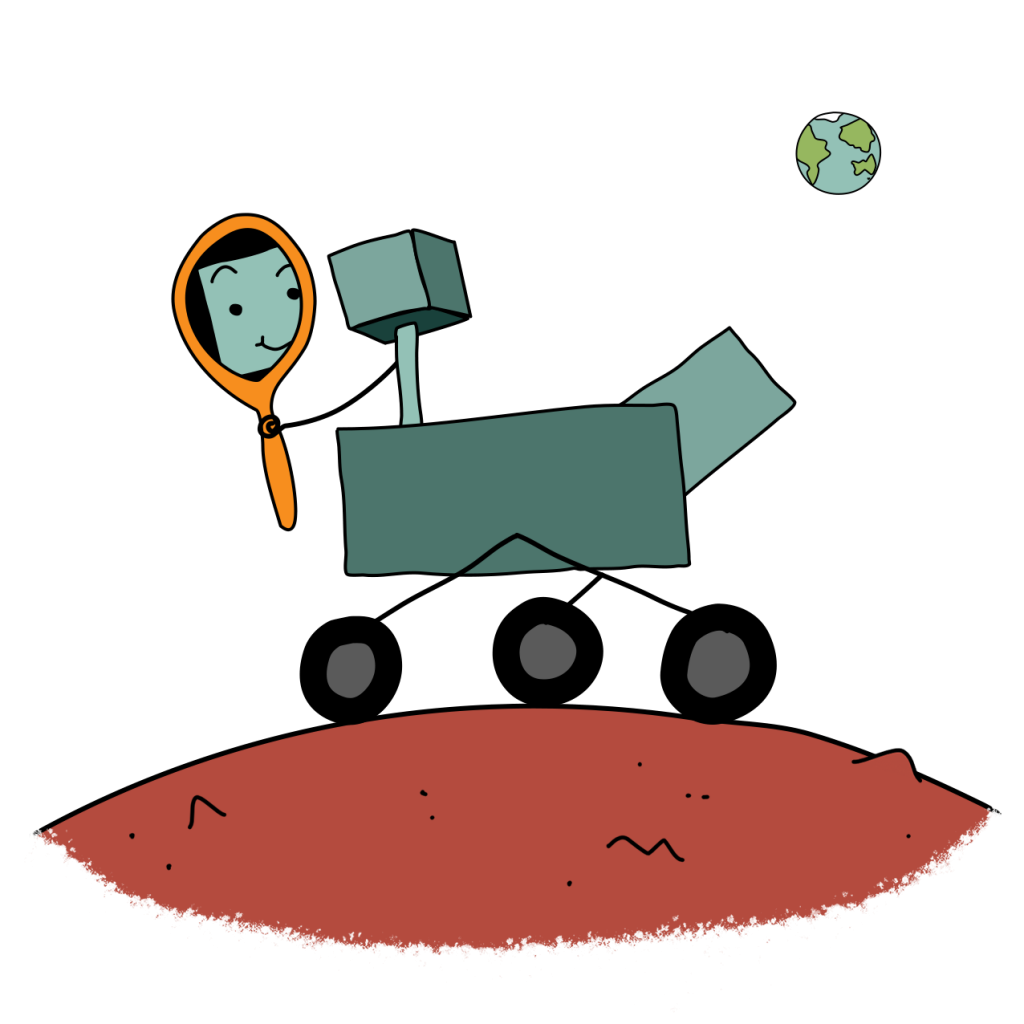 Cartoon of the Mars Rover "Curiosity" looking in a mirror at itself