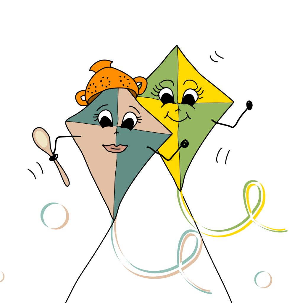 Two kites doing a tictok dance with a colander on their heads