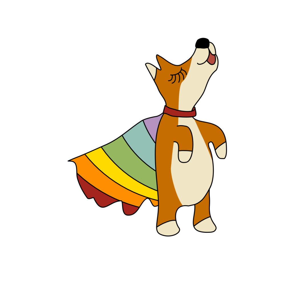 A picture of a dog wearing a rainbow cape and looking pleased with them self