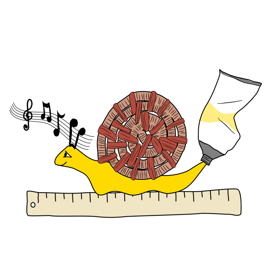 A picture of a snail, where the shell is a basket weave, the antennae are musical notes and the body is representing yellow paint.